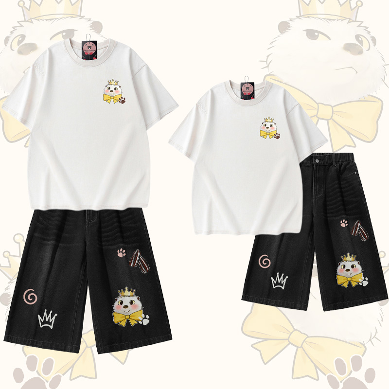 Beaver Graphic Modakawa Vintage Washed T-shirt Denim Shorts Matching Outfit - White T-shirt+Black Shorts - 3XL - image 1