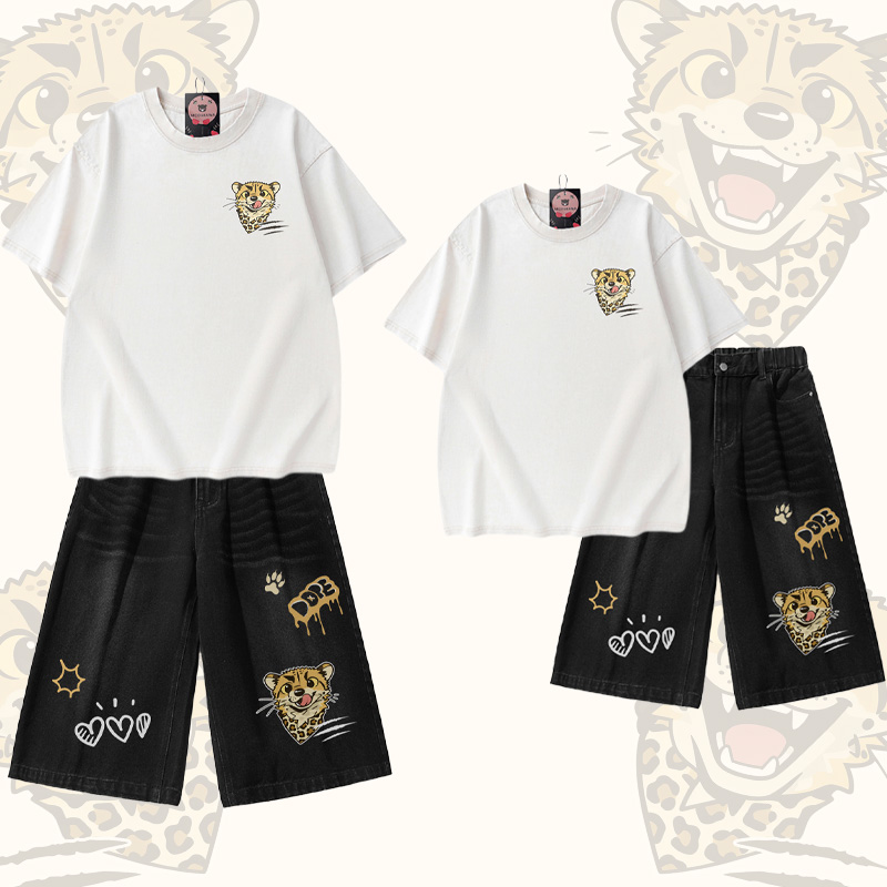  Cheetah Graphic Modakawa Vintage Washed T-shirt Denim Shorts Matching Outfit - White T-shirt+Black Shorts - 3XL - image 1