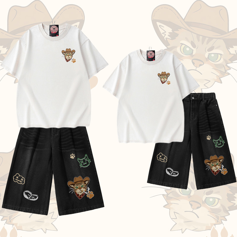 Cat Graphic Modakawa Vintage Washed T-shirt Denim Shorts Matching Outfit - White T-shirt+Black Shorts - 3XL - image 1