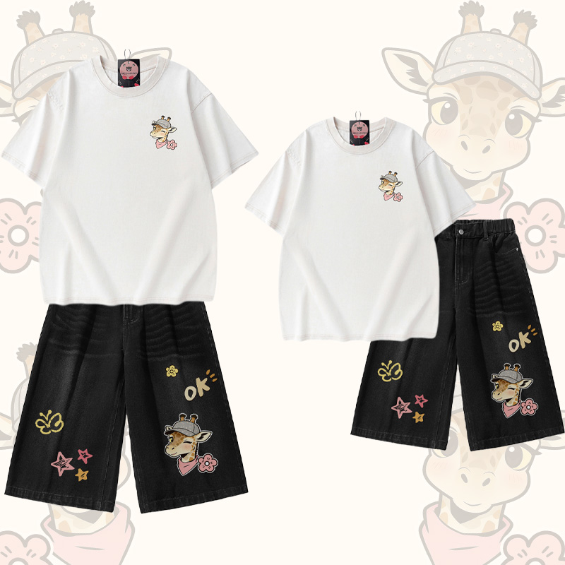  Giraffe Graphic Modakawa Vintage Washed T-shirt Denim Shorts Matching Outfit - White T-shirt+Black Shorts - 3XL - image 1