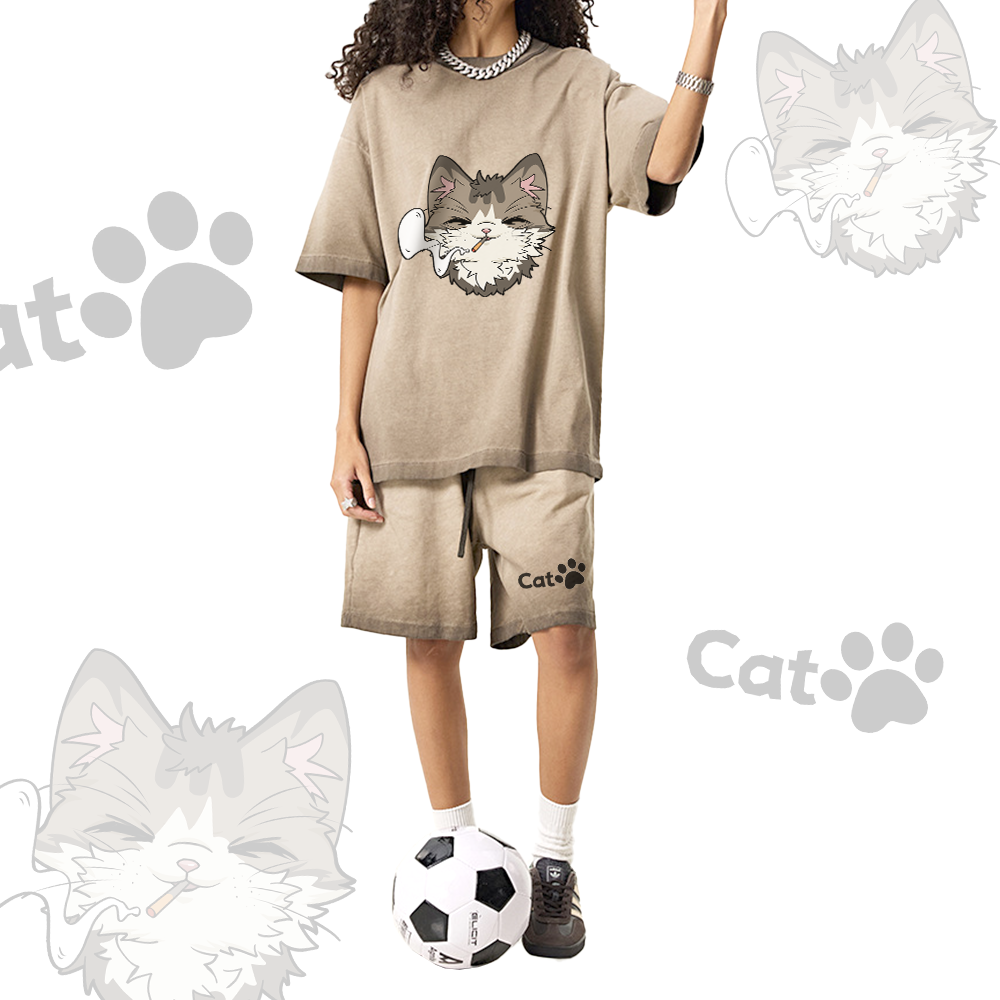 Smoking Cat Graphic Vintage Washed T-shirt CAT Letter Graphic Shorts Modakawa Gradient Two Pieces Set - image 2