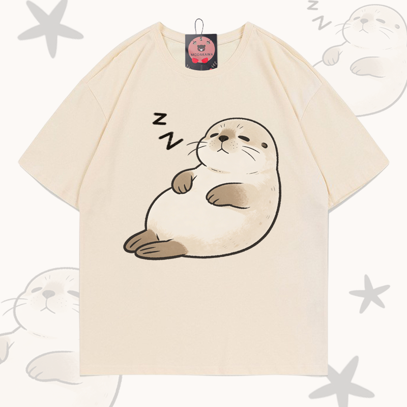 Sleeping Sea Otter Graphic Modakawa 100% Cotton T-shirt - Apricot - 5XL - image 1