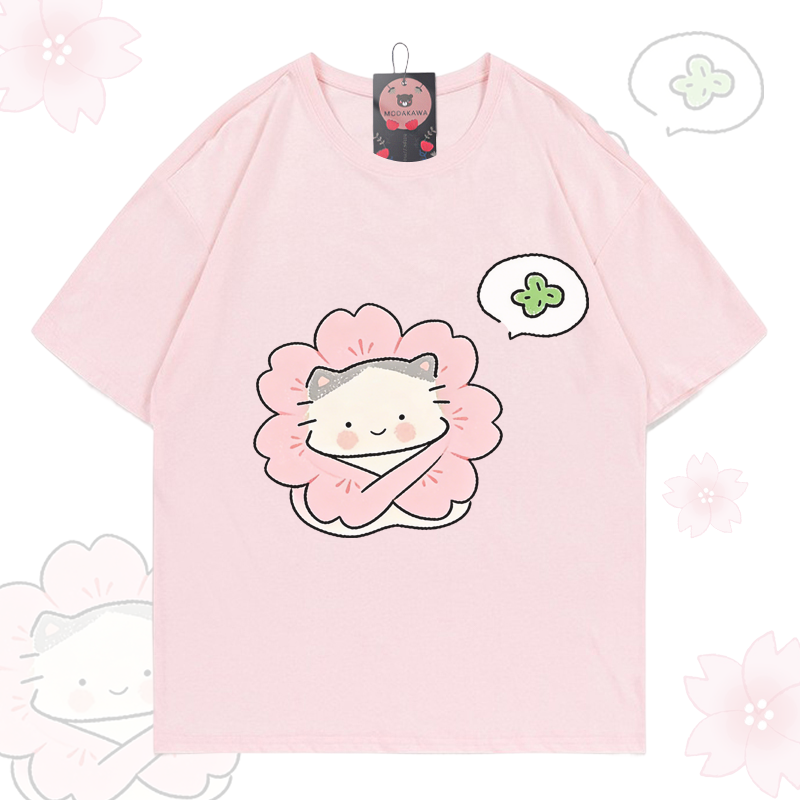 Cute Flower Cat Graphic Modakawa 100% Cotton T-shirt - Light Pink - 5XL - image 1