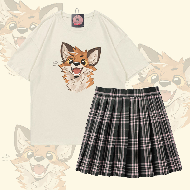MODAKAWA X atka Happy Fox Graphic 100% Cotton T-shirt Plaid Skirt Two Pieces Set - Set C - 5XL - image 3