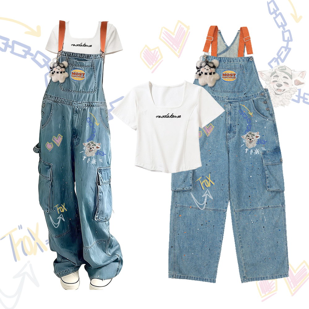 MODAKAWA X atka Letter Graphic Square Neck T-shirt Puppy Pendant Fox Wants Meat Graphic Denim Overalls Two Pieces Set - White & Dark Blue - 2XL - image 2