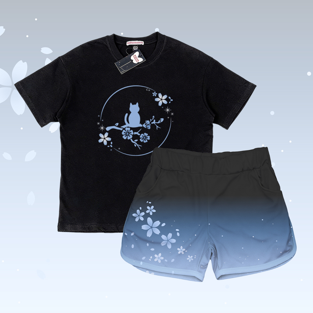 Sakura Cat Graphic 100% Cotton T-shirt Gradient Shorts Modakawa Matching Outfit - Set A - 5XL - image 1