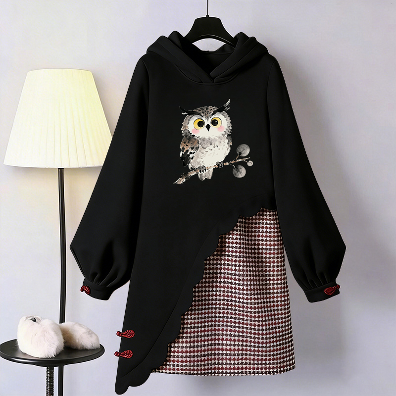 Owl Graphic Modakawa Buckle Vintage Hooded Sweatshirt Dress - Black - 3XL - image 2