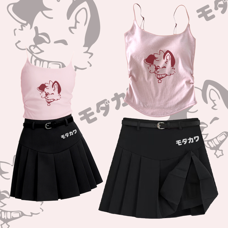 MODAKAWA X popipeko Funny Fox Graphic Camisole Belt Pleated Skirt Two Pieces Set - Set A - L - image 1