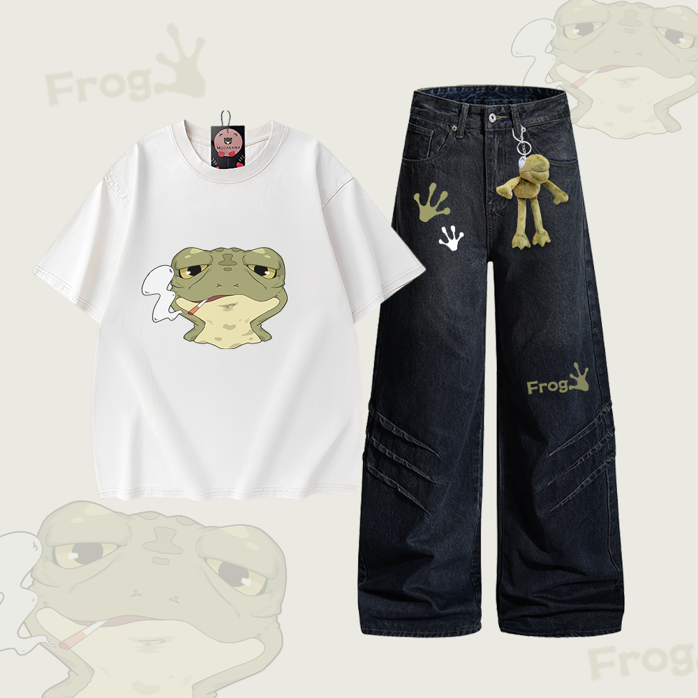 Smoking Frog Graphic Vintage Washed 100% Cotton T-shirt Denim Pants Modakawa Two Pieces Set - Set B - 2XL - image 1
