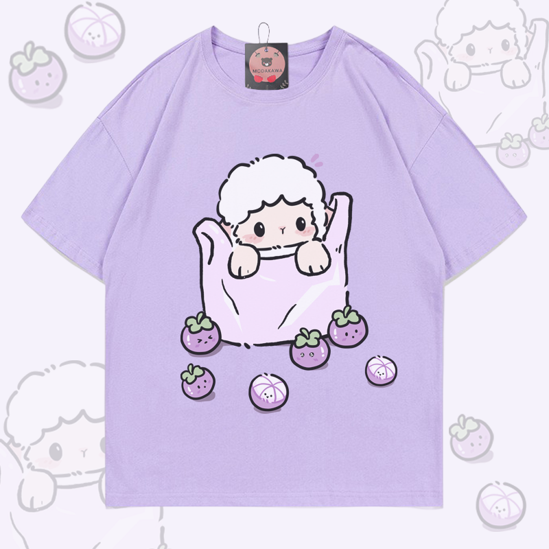 Sheep Blueberry Graphic Modakawa 100% Cotton T-shirt - Light Purple - 5XL - image 1