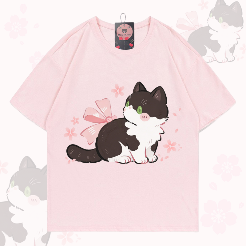 Cat Graphic Modakawa 100% Cotton T-shirt - Light Pink - 5XL - image 1