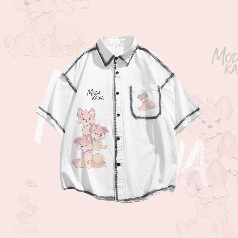 MODAKAWA X popipeko Puppy Graphic Oversized Button Up Shirt Irregular Denim Pleated Skirt Matching Outfit - White Shirt - XL - image 2