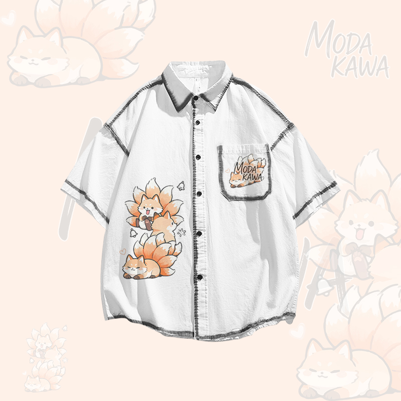 Nine Tailed Fox Graphic Oversized Button Up Shirt Irregular Denim Pleated Skirt Modakawa Matching Outfit - White Shirt - XL - image 2