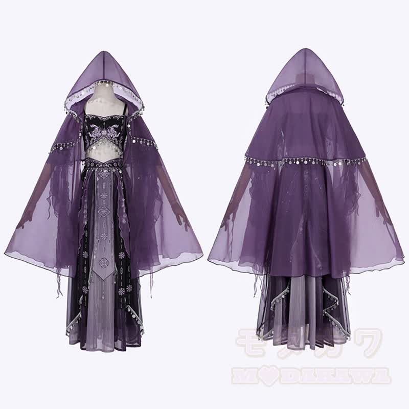 Vintage Embroidery Top Skirt Lace-Up Cape Arm Cuff Four Pieces Set - Purple - L - image 2