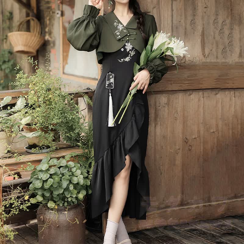 Vintage Flower Embroidered Buckle Top Ruffle Hem Slip Dress Two Pieces Set - Set - L - image 2