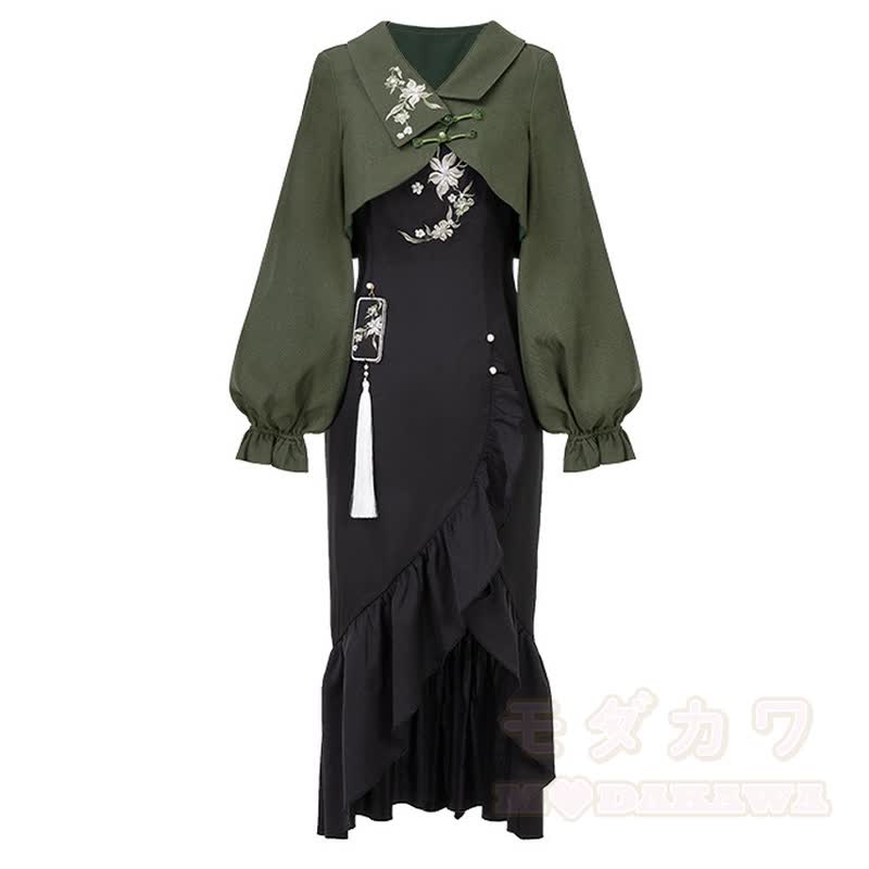 Vintage Flower Embroidered Buckle Top Ruffle Hem Slip Dress Two Pieces Set - image 1