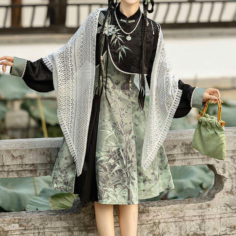 Vintage Open Knit Shawl 3D Butterfly Tassel Top Bamboo Graphic Slip Dress Matching Outfit - image 2