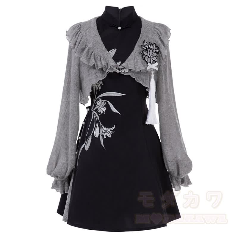 Vintage Tassel Top Flower Embroidered Slip Dress Two Pieces Set - image 1