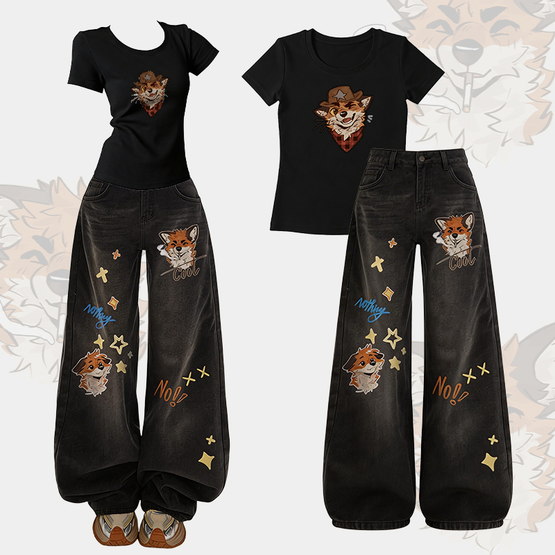 MODAKAWA X atka NO Smoking Fox Graphic T-shirt Denim Pants Matching Outfit - Set B - XL - image 2