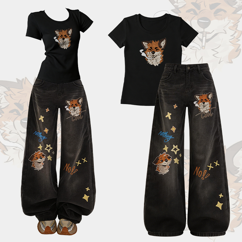 MODAKAWA X atka NO Smoking Fox Graphic T-shirt Denim Pants Matching Outfit - Set A - XL - image 1