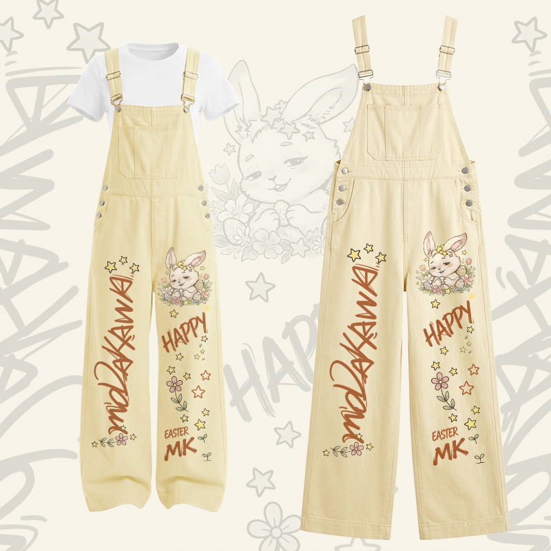 HAPPY Bunny Graphic U-Neck T-shirt Cargo Overalls Modakawa Two Pieces Set - Set C - XL - image 3