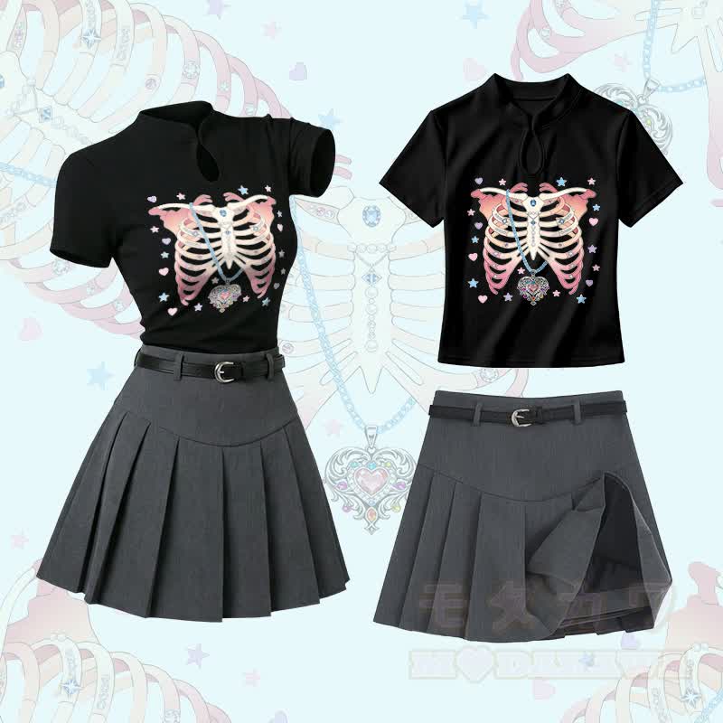 Ribcage Heart Necklace Graphic Vintage Buckle T-shirt  Plaid Skirt Modakawa Two Pieces Set - Set B - L - image 2