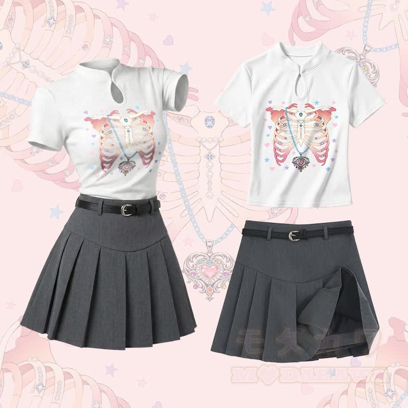 Ribcage Heart Necklace Graphic Vintage Buckle T-shirt  Plaid Skirt Modakawa Two Pieces Set - Set A - L - image 1