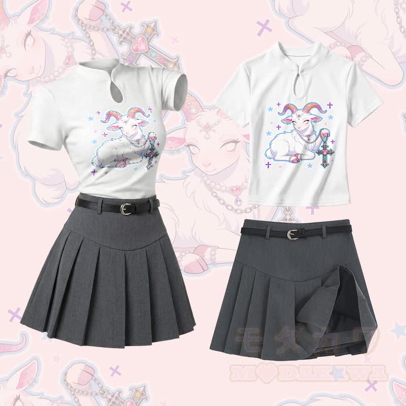 Ram Tarot Sheep Graphic Vintage Buckle T-shirt  Plaid Skirt Modakawa Two Pieces Set - Set B - L - image 2