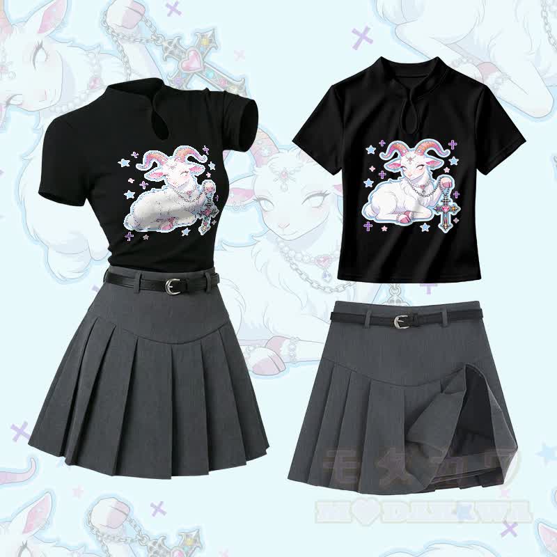 Ram Tarot Sheep Graphic Vintage Buckle T-shirt  Plaid Skirt Modakawa Two Pieces Set - Set A - L - image 1
