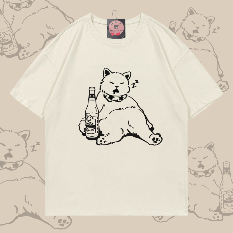 Sleeping Cat Graphic Modakawa 100% Cotton T-shirt - Light Beige - 5XL - image 1