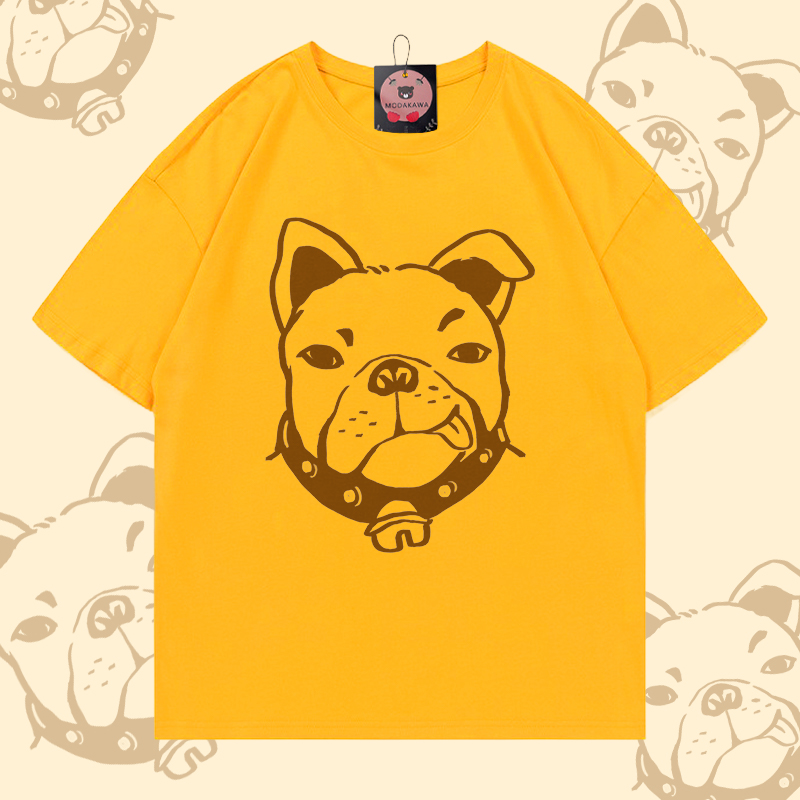 Bulldog Face Graphic Modakawa 100% Cotton T-shirt - Bright Yellow - 5XL - image 1