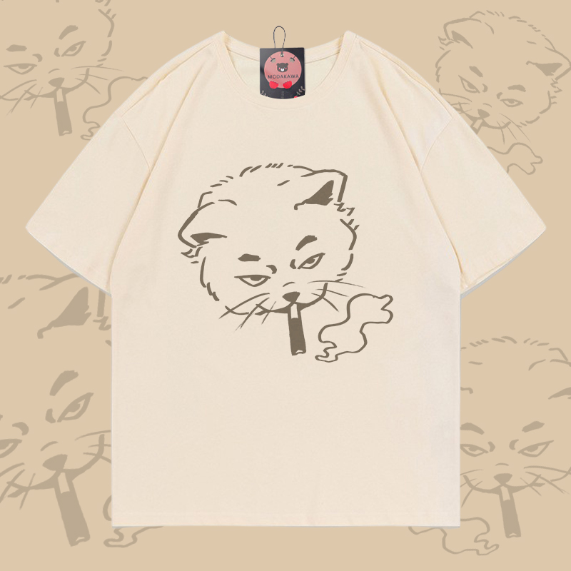 Smoking Cat Graphic Modakawa 100% Cotton T-shirt - Apricot - 5XL - image 1