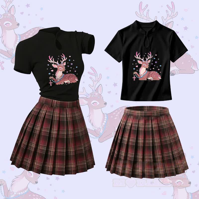 Deer Graphic Vintage Buckle T-shirt  Plaid Skirt Modakawa Two Pieces Set - Set B - L - image 2