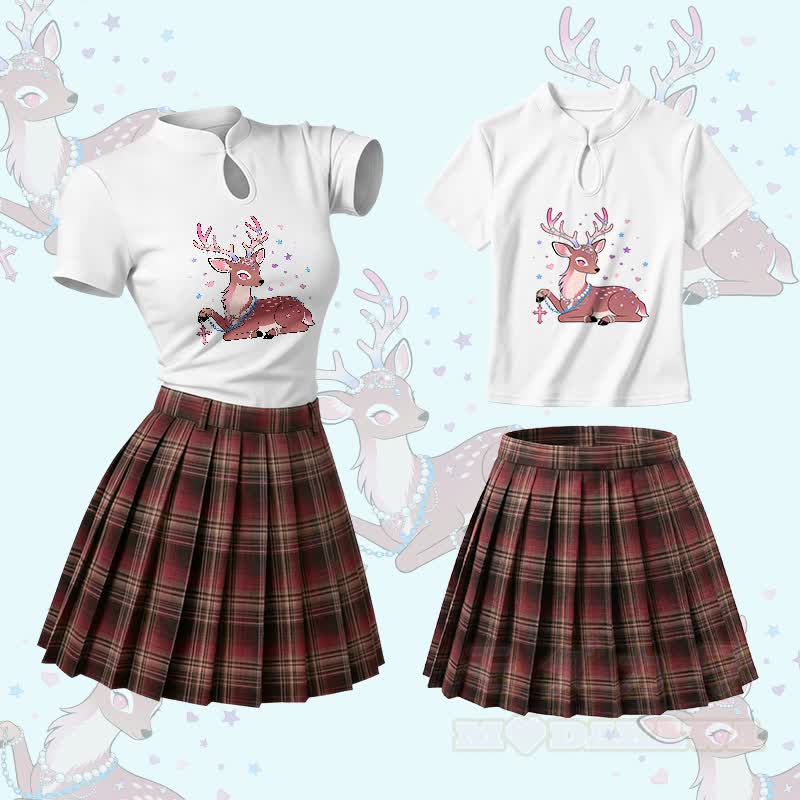 Deer Graphic Vintage Buckle T-shirt  Plaid Skirt Modakawa Two Pieces Set - Set A - L - image 1