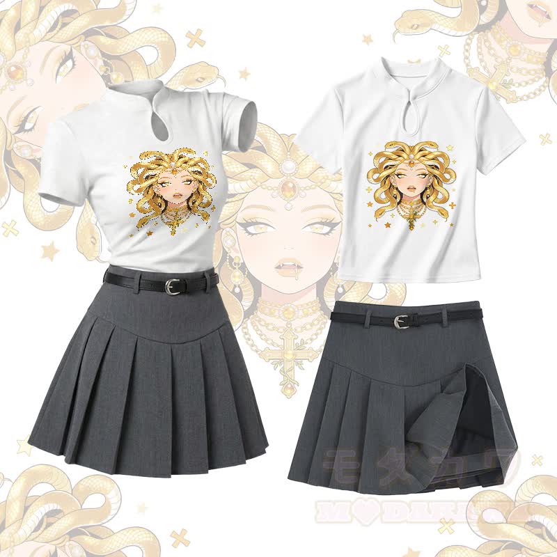 Medusa Snake Goddess Graphic Vintage Buckle T-shirt  Plaid Skirt Modakawa Two Pieces Set - Set B - L - image 2