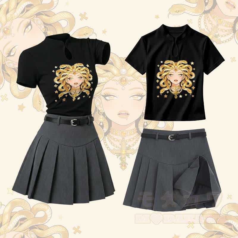 Medusa Snake Goddess Graphic Vintage Buckle T-shirt  Plaid Skirt Modakawa Two Pieces Set - Set A - L - image 1