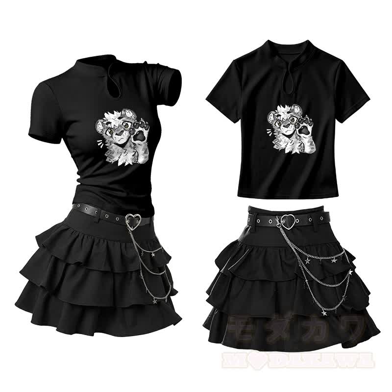 MODAKAWA X atka Snow Leopard Paw Graphic Vintage Buckle T-shirt  Y2K Sexy High Waist Ruffle Mini Skirt Two Pieces Set - Set B - L - image 2