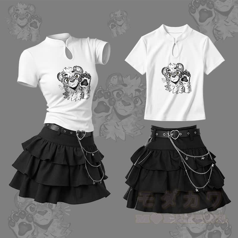 MODAKAWA X atka Snow Leopard Paw Graphic Vintage Buckle T-shirt  Y2K Sexy High Waist Ruffle Mini Skirt Two Pieces Set - Set A - L - image 1