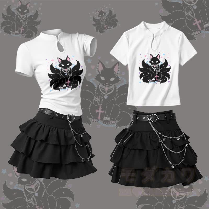 Nine Tailed Fox Graphic Vintage Buckle T-shirt  Y2K Sexy High Waist Ruffle Mini Skirt Two Pieces Set - Set B - L - image 2