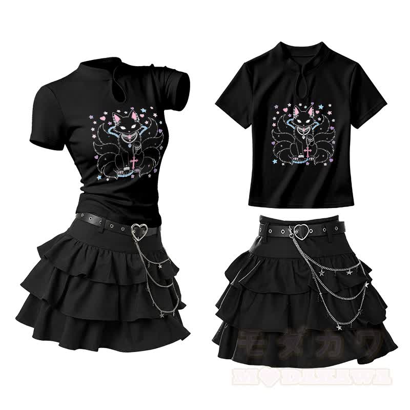 Nine Tailed Fox Graphic Vintage Buckle T-shirt  Y2K Sexy High Waist Ruffle Mini Skirt Two Pieces Set - Set A - L - image 1