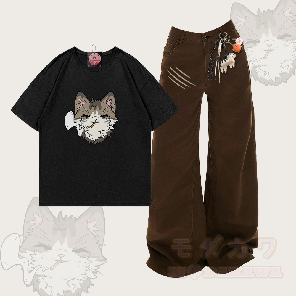 Smoking Cat Graphic 100% Cotton T-shirt Denim Pants Matching Outfit - Set B - XL - image 2