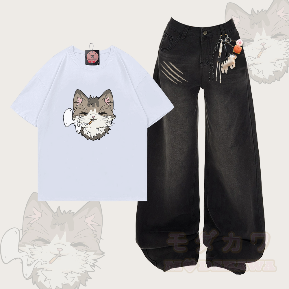 Smoking Cat Graphic 100% Cotton T-shirt Denim Pants Matching Outfit - Set A - XL - image 1