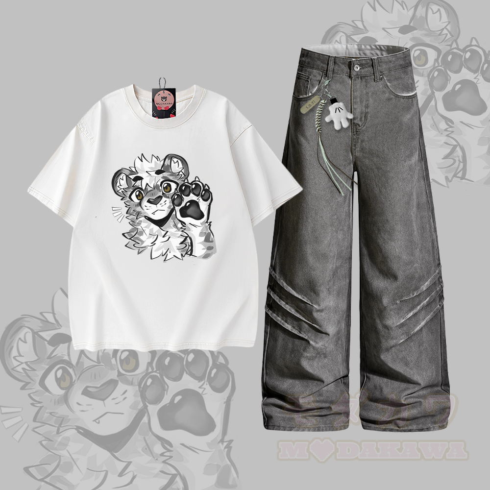 MODAKAWA X atka Leopard Graphic Vintage Washed 100% Cotton T-shirt Denim Pants Two Pieces Set - Set B - 2XL - image 2