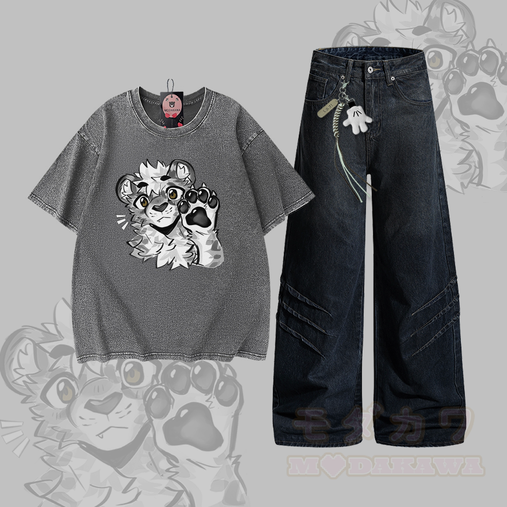 MODAKAWA X atka Leopard Graphic Vintage Washed 100% Cotton T-shirt Denim Pants Two Pieces Set - Set A - 2XL - image 1