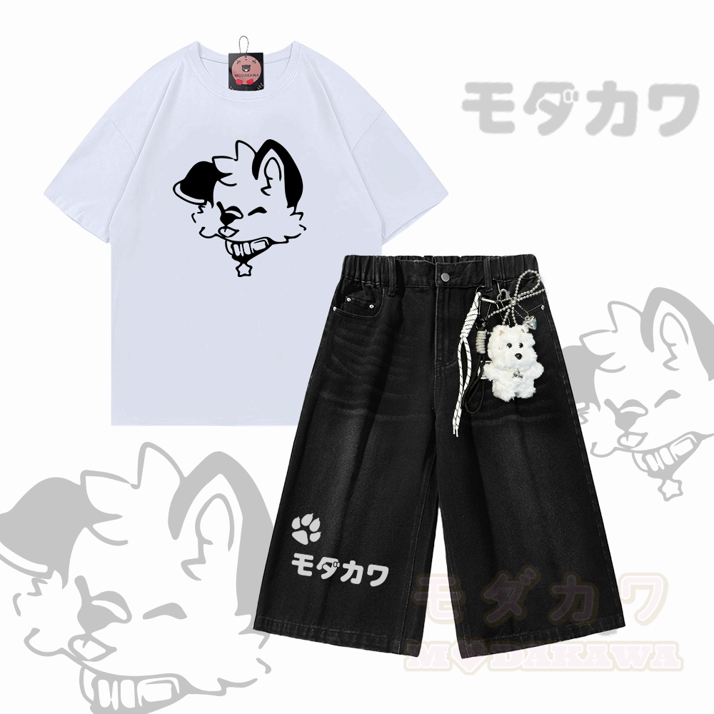 MODAKAWA X popipeko Puppy Graphic Modakawa Vintage Washed T-shirt Denim Shorts Two Pieces Set - Set B - 3XL - image 2