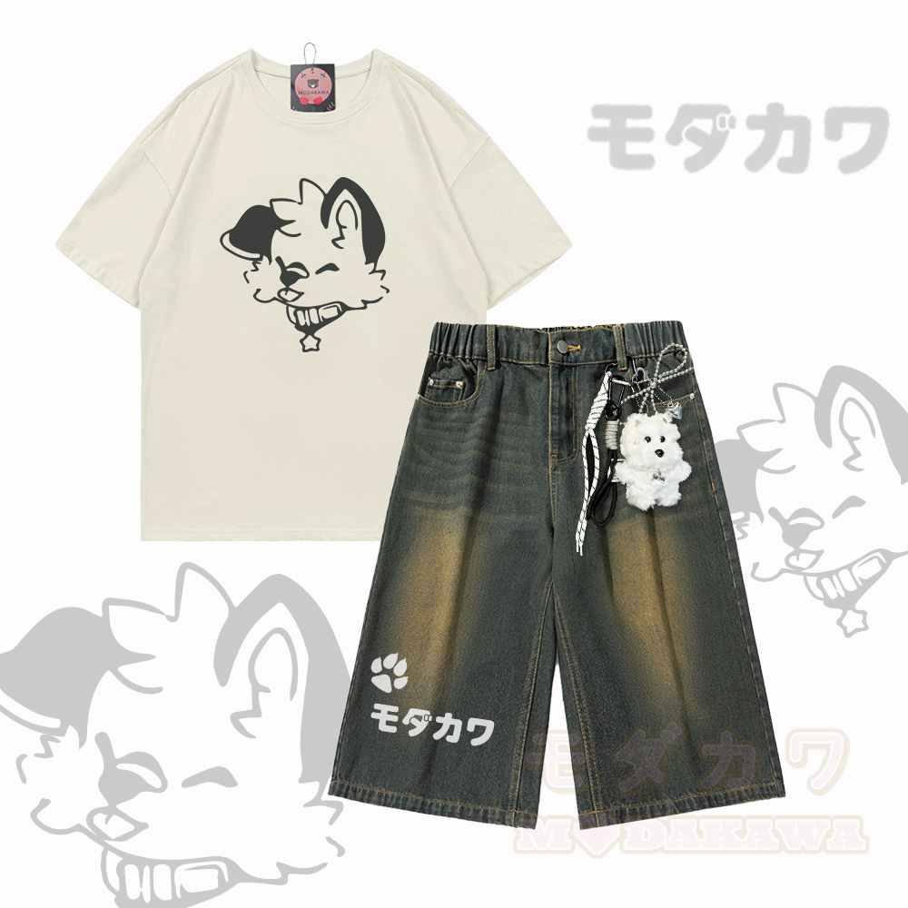 MODAKAWA X popipeko Puppy Graphic Modakawa Vintage Washed T-shirt Denim Shorts Two Pieces Set - Set A - 3XL - image 1