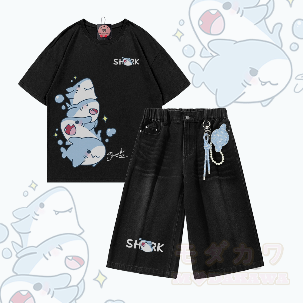 Sharks Graphic Modakawa Vintage Washed T-shirt Denim Shorts Two Pieces Set - Set B - 3XL - image 2