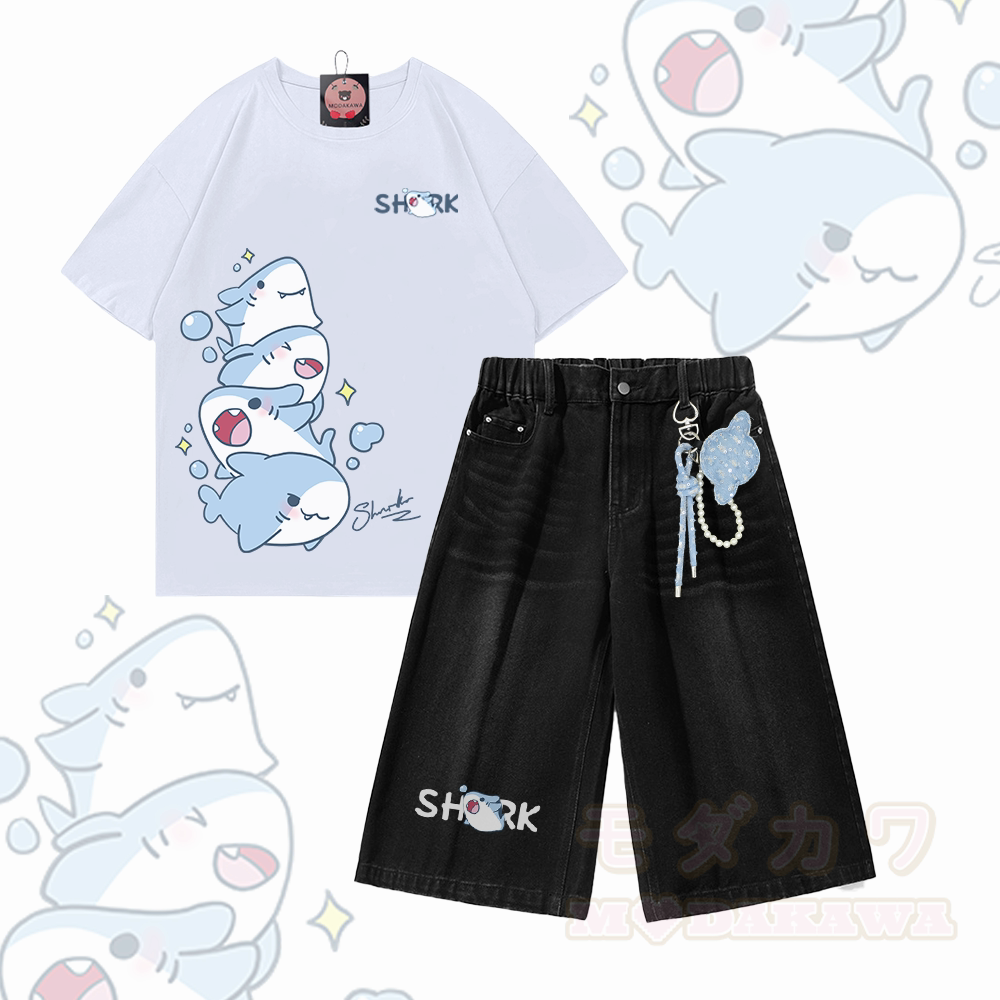 Sharks Graphic Modakawa Vintage Washed T-shirt Denim Shorts Two Pieces Set - Set A - 3XL - image 1