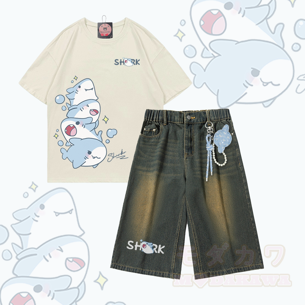 Sharks Graphic Modakawa Vintage Washed T-shirt Denim Shorts Two Pieces Set - Set C - 3XL - image 3