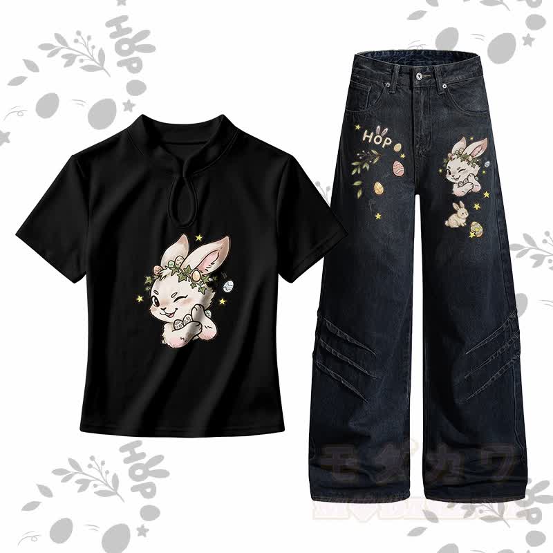 Easter Bunny Graphic Buckle T-shirt Denim Pants Matching Outfit - Set B - L - image 2